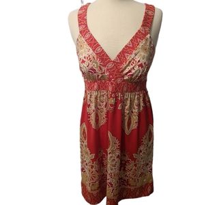 INC Red Gold Beaded India Summer Dress Size Medium Petite